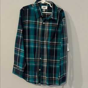 Old Navy Men's Teal and Black Plaid Shirt